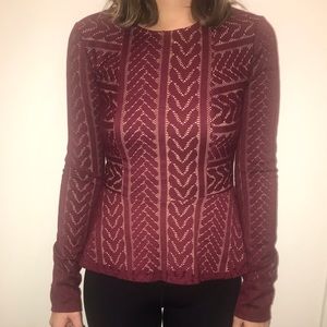 Maroon lace peplum zip-up shirt